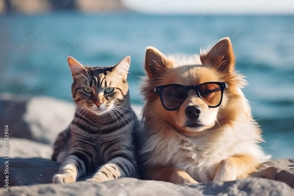 Happy cat and dog with sunglasses on the sea basks in the summer sun on the beach under an umbrella. Animal on warm sand surrounded by sea water
