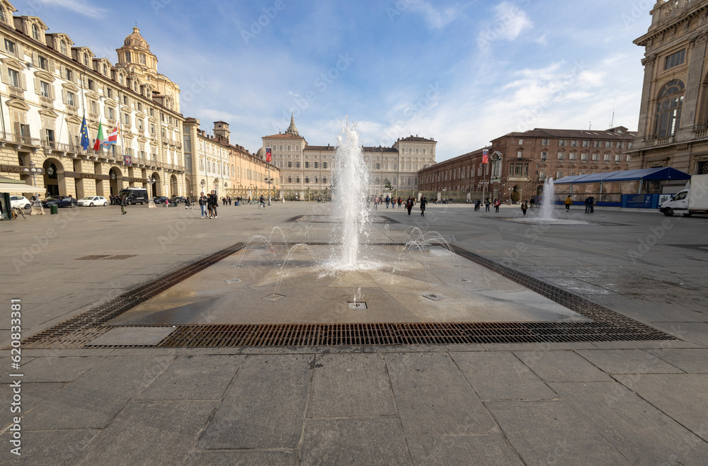 TURIN, ITALY, APRIL, 11, 2023 - View of the Royal Palace in Castello Square in Turin, Piedmont, Italy