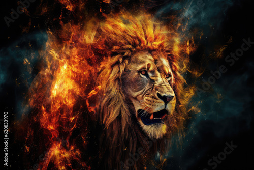 A digital of a lion engulfed in flames  symbolizing destruction  chaos  or revolution  generative AI