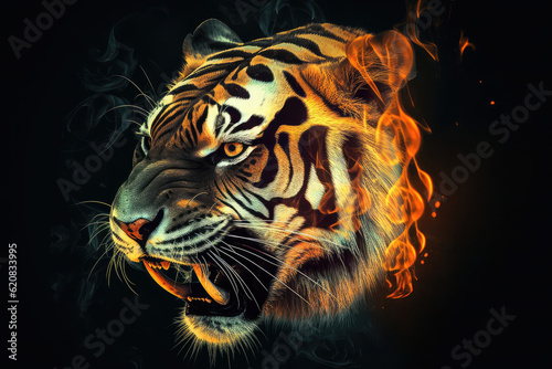 A digital of a Tiger engulfed in flames, symbolizing destruction, chaos, or revolution, generative AI © Kien