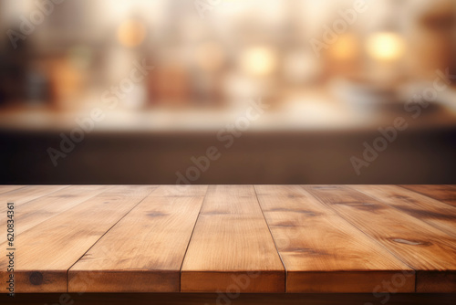Beautiful empty brown wooden table top and blurred defocused modern kitchen interior background with daylight flare, product montage display,banner,generative ai