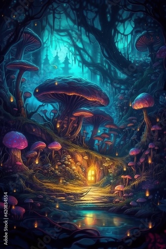 Painted magical dwarfs in a mystical unreal forest with neon light.  Magical wood with magical mushrooms. Entrance to the underground house. Secret doors. Fairy tale. Underground world. Generative AI