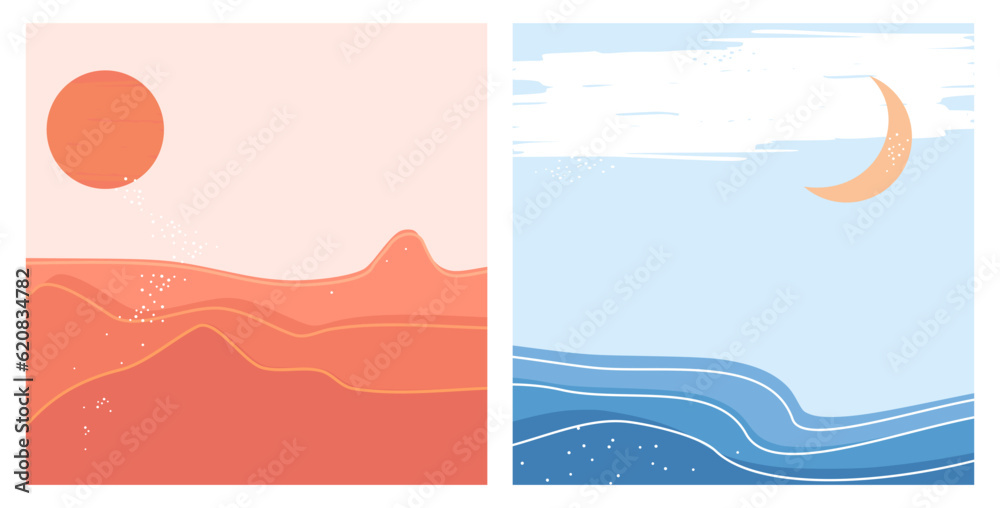 Sunset on the desert and Moon on the sea background backgrounds vector illustration. Cute wall art decoration.
