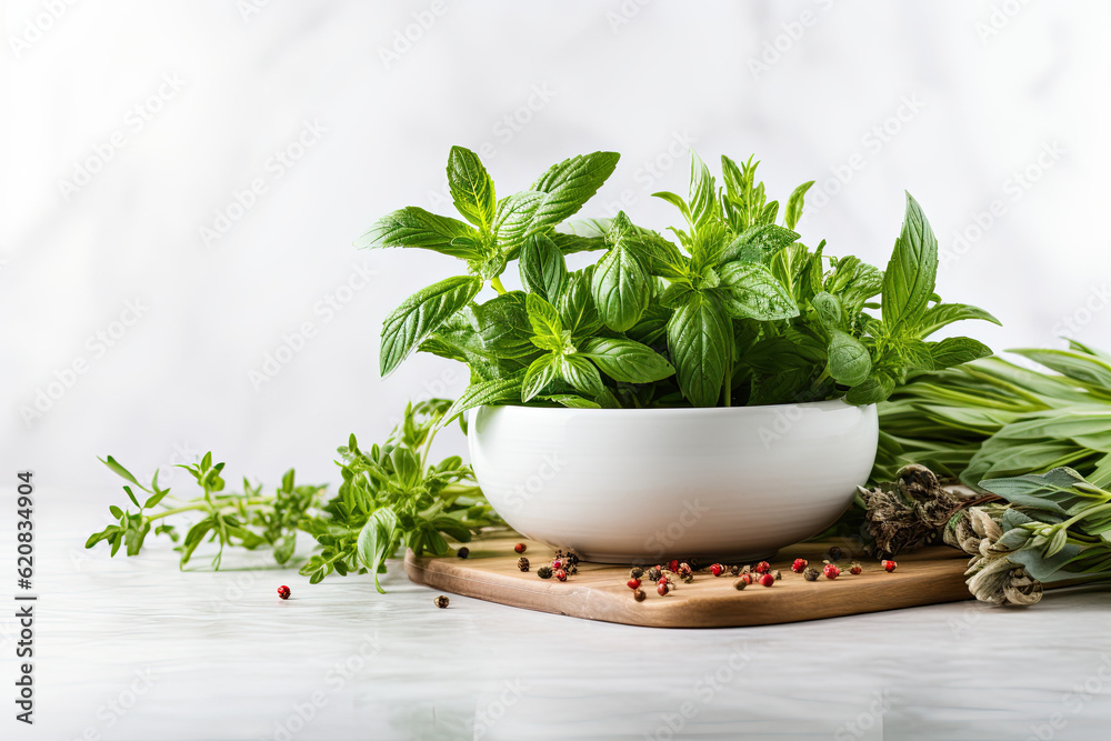Bunch of aromatic herbs in mortar on kitchen table. 