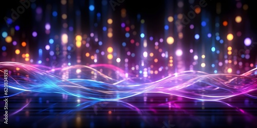abstract background with pink blue glowing neon lines and bokeh lights. Data transfer concept. Digital wallpaper, AI Generative