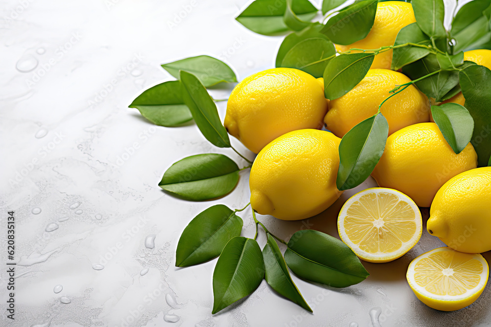 Fresh juicy lemons with leaves on top of a white marble countertop in cafe