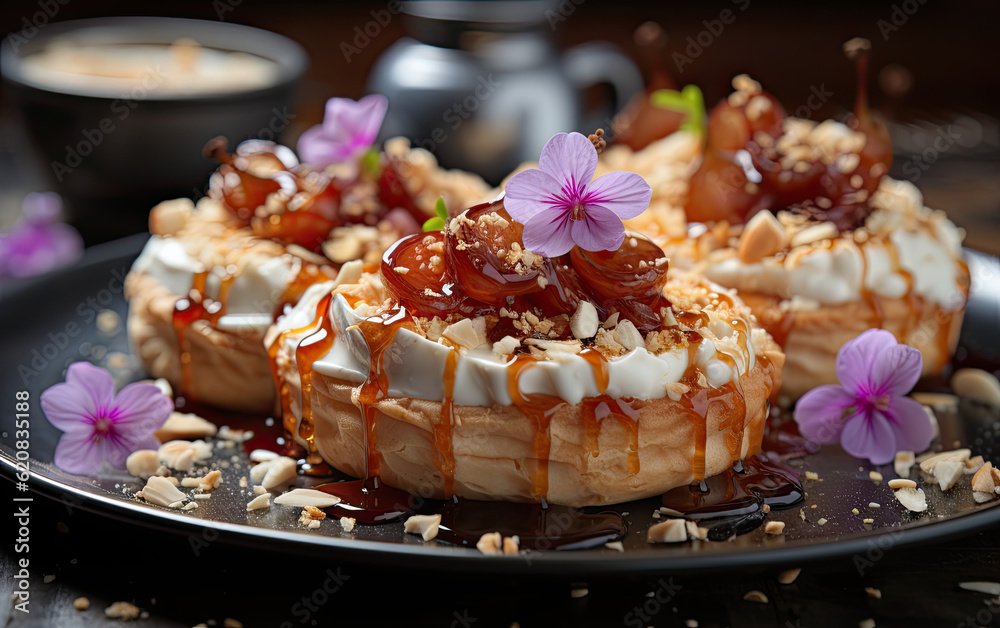 Cream walnut tarts with pear blossoms, culinaryphotography