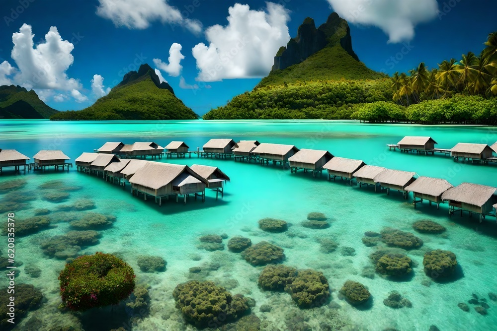 A peaceful and tranquil lagoon in Bora Bora, French Polynesia, with crystal-clear waters and overwater bungalows dotting the shoreline