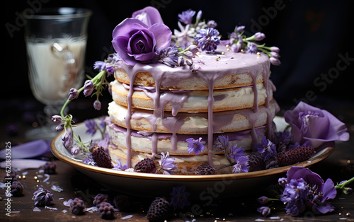 Rose cake with pink frosting and roses, with shaved chocolate and glitter, culinary art photography © reddish