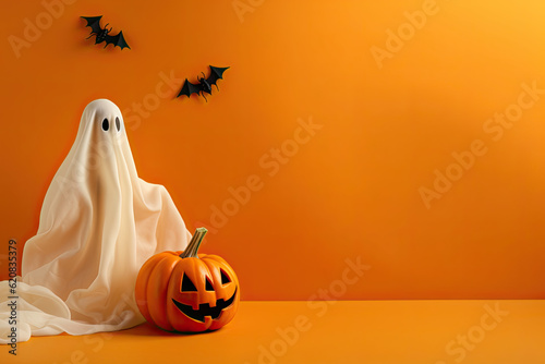 Halloween ghosts with funny pumpkin on orange background. Happy halloween holiday concept.