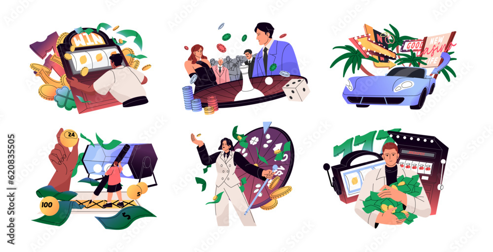 People playing gambling set. Gamblers betting, risking in casino, luck wheel, roulette, lottery, lucky machine, winning jackpot, money. Flat graphic vector illustrations isolated on white background