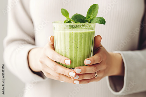 Matcha green vegan smoothie with chia seeds and mint in glass in hands of woman