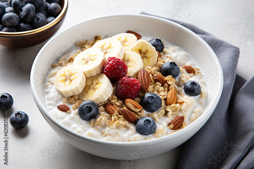 Leinwand Poster Oat porridge with banana, blueberry, walnut, chia seeds and almond milk for healthy breakfast or lunch