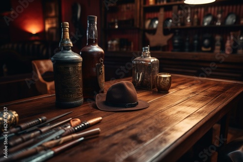 Close up shot on western saloon table. Generative AI