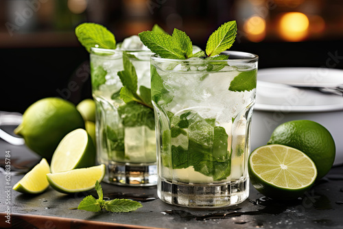 Summer mint lime refreshing cocktail mojito with rum and ice in glass on top