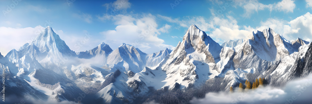 A majestic mountain range covered in snow, with clear blue skies above. Majestic beauty of of snow-capped mountain peaks.