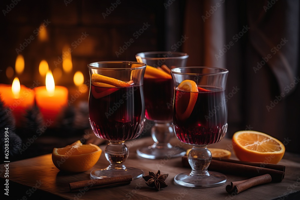 Cozy christmas photograph of mulled wine glintwine served in three glasses with slice of orange, stick of cinnamon in front of christmas tree and fireplace background. Candle on table,  Generative AI