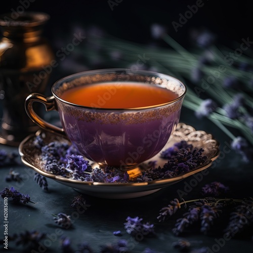 Organic tea cup with lavander tea. Hot floral herbal tea with fresh  flowers, in beautiful ceramic cup on dark plate, background. Generative AI