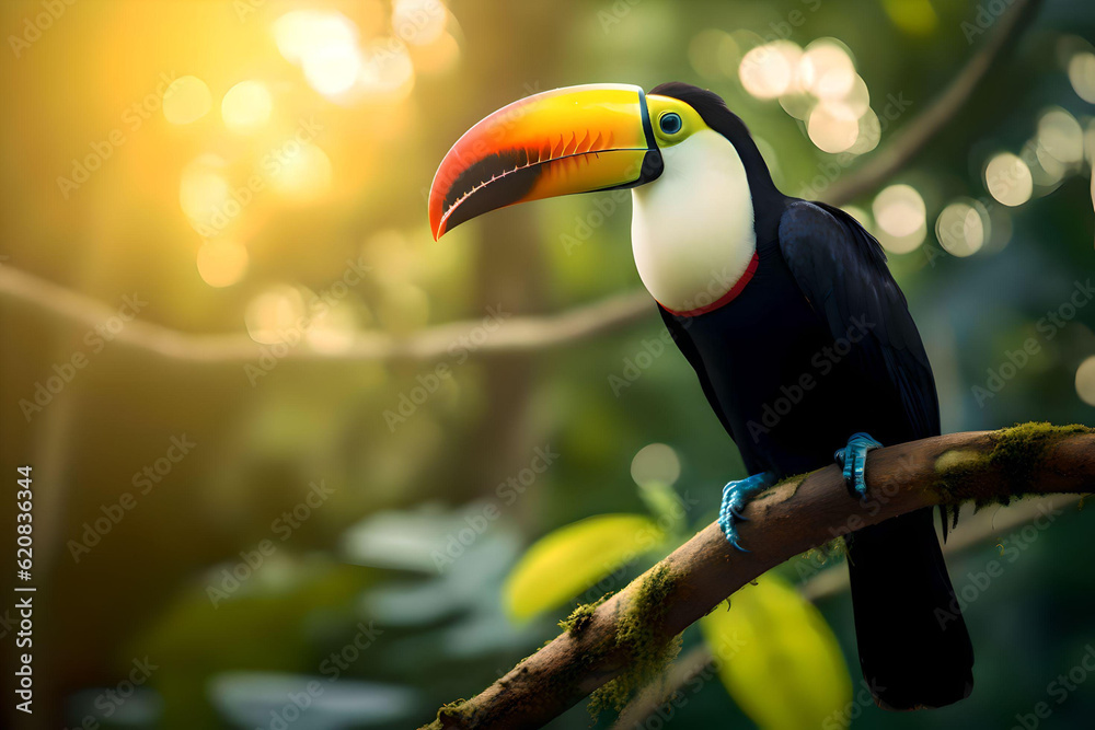 Fototapeta premium Toucan sitting on the branch in the forest, green vegetation, Costa Rica. Nature travel in central America, Generative AI