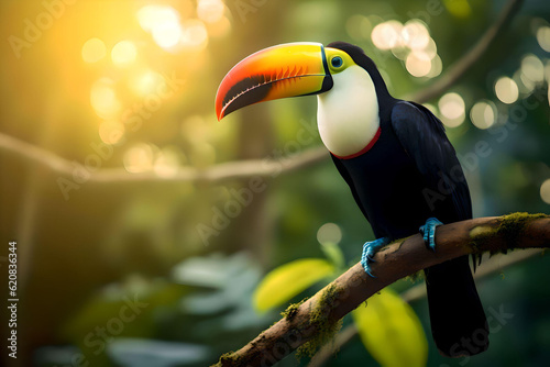 Toucan sitting on the branch in the forest, green vegetation, Costa Rica. Nature travel in central America, Generative AI