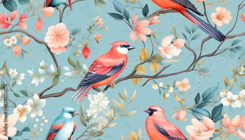 Seamless pattern of beautiful birds and vintage flowers floral leaves illustration background. Generative AI © ABC Vector