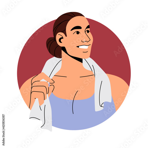 Happy sport woman with gym towel on shoulders. Strong girl athlete avatar, user profile, head portrait. Sportswoman, trainer person face. Flat vector illustration isolated on white background