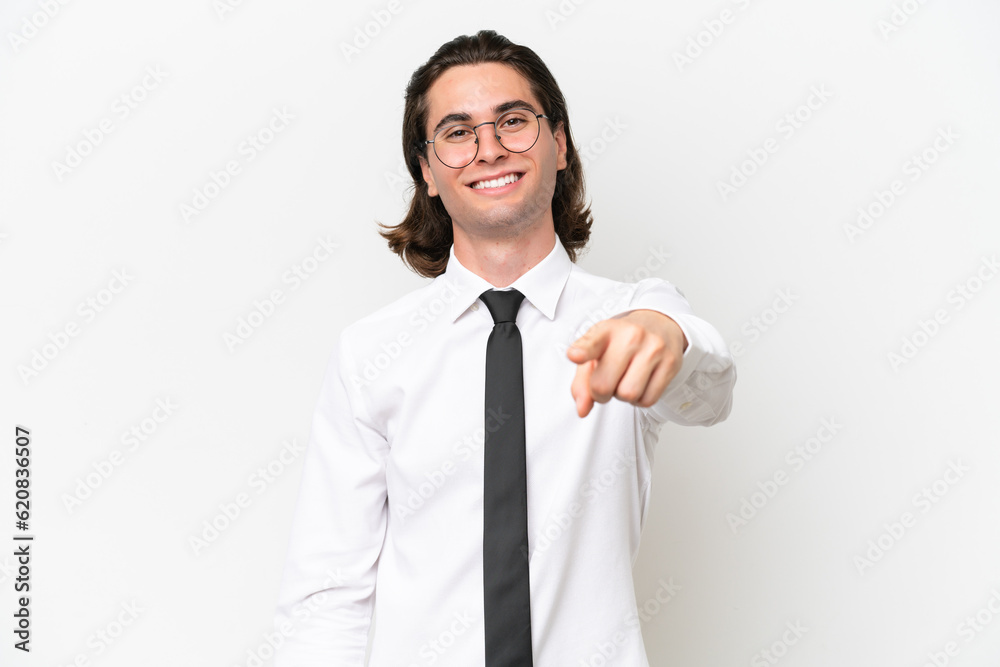Business handsome man isolated on white background points finger at you with a confident expression Business handsome man isolated on white background points finger at you with a confident expression