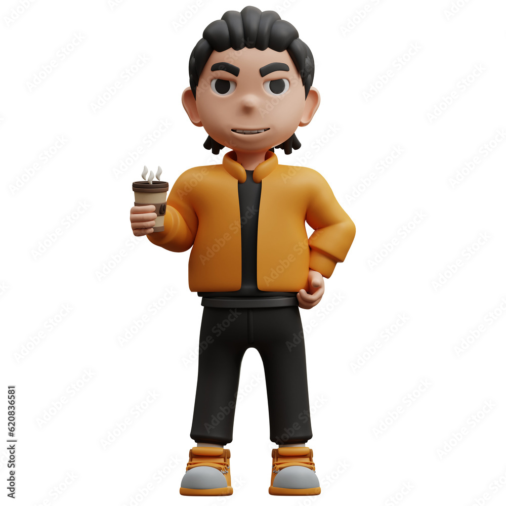 3d illustration boy standing holding coffee drink 3d illustration boy standing holding coffee drink