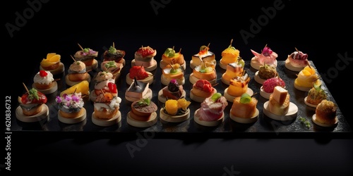 Different apetaizers canape types on clear black background. Salty and sweet snacks, cupcakes, desserts. Black background.