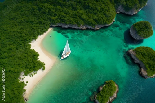 Aerial view of a big sailboat on the tropical sea near the island