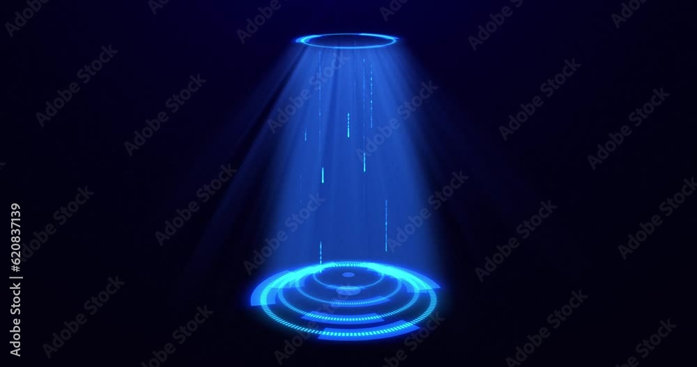 HUD circle interfaces emit rays of light. Hi tech futuristic display. Blue hologram button. Digital data network, technology network concept FHD. Abstract futuristic cyber background. Seamless Loop.