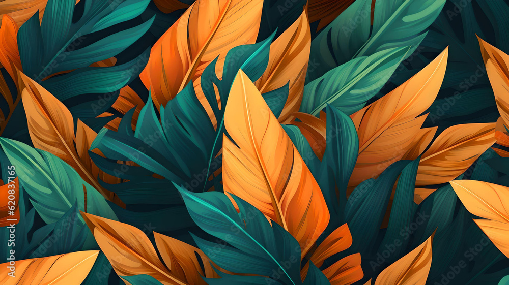 Seamless hand-drawn tropical vector pattern with exotic palm leaves, hibiscus flowers, pineapples, and various plants on dark background. Generative AI Seamless hand-drawn tropical vector pattern with exotic palm leaves, hibiscus flowers, pineapples, and various plants on dark background. Generative AI