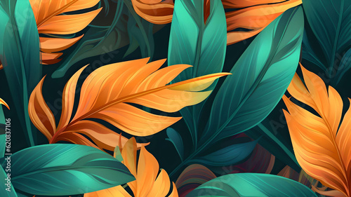 Seamless hand-drawn tropical vector pattern with exotic palm leaves  hibiscus flowers  pineapples  and various plants on dark background. Generative AI