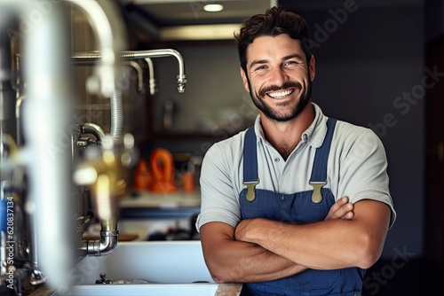 grinning young plumber at work