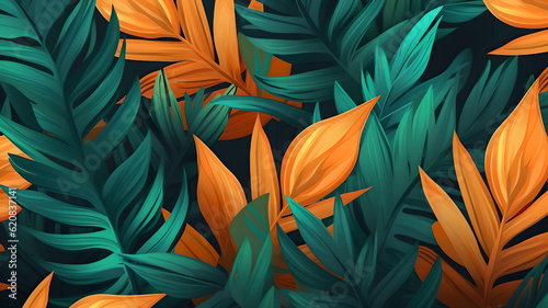 Seamless hand-drawn tropical vector pattern with exotic palm leaves, hibiscus flowers, pineapples, and various plants on dark background. Generative AI © mizan