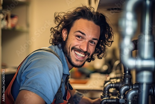 grinning young plumber at work