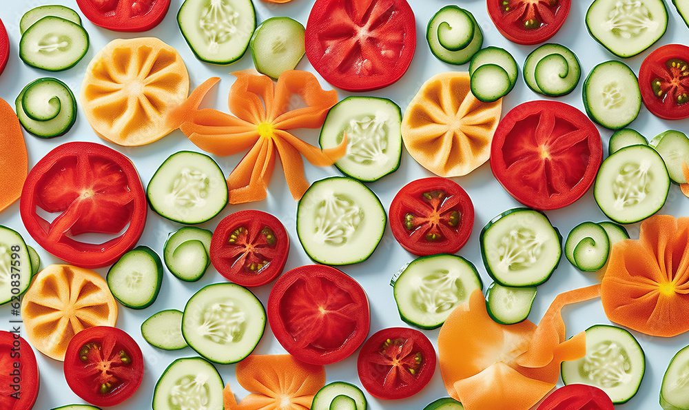  a close up of sliced vegetables on a table top with a blue background.  generative ai