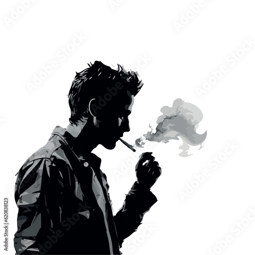 Smoker silhouette. Smoking cigarette smoke. Hand holding cigarette.