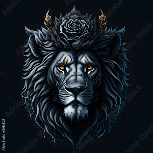 A majestic lion adorned with a crown of enchanting black roses  Generative Ai illustration 