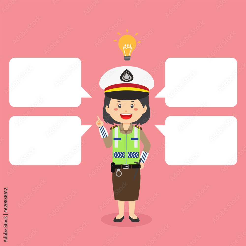 Indonesian Traffic Police Woman Character Shows Get Idea with Bubble Text