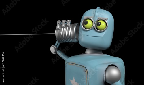 Retro robots talking on tin can phones. 3d render
