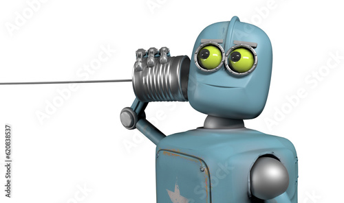 Retro robots talking on tin can phones. 3d render