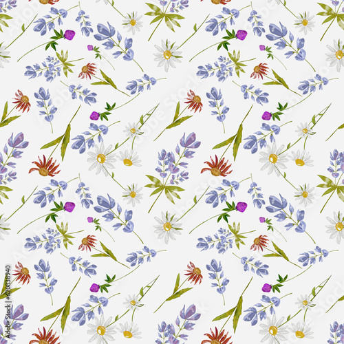 Trendy seamless floral textile print. Aerial flora pattern. Summer wildflowers chamomiles seamless background. Vector, hand drawing