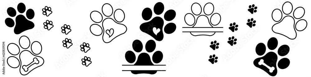 Heart paw icon vector set. Dog paw illustration sign collection. love dog symbol. Heart paw icon vector set. Dog paw illustration sign collection. love dog symbol.