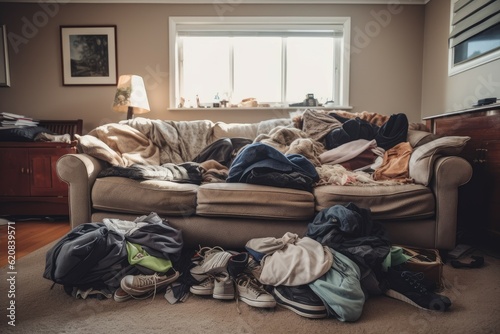 Messy clothes sofa. Generate Ai photo