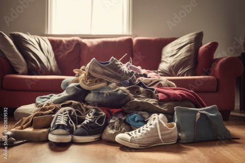 Messy clothes sofa shoes. Generate Ai photo