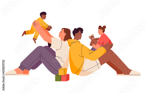 Family, parent and kids play together. Biracial mother, father spend time with children. Happy parenthood concept. Mom, dad and toddlers. Flat graphic vector illustration isolated on white background