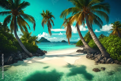 Beautiful tropical beach at exotic island with palm trees