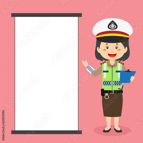 Indonesian Traffic Police Woman Character with Blank Board
