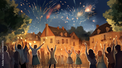 Feux d'artifice de la fête nationale française du 14 juillet dans un petit village de campagne